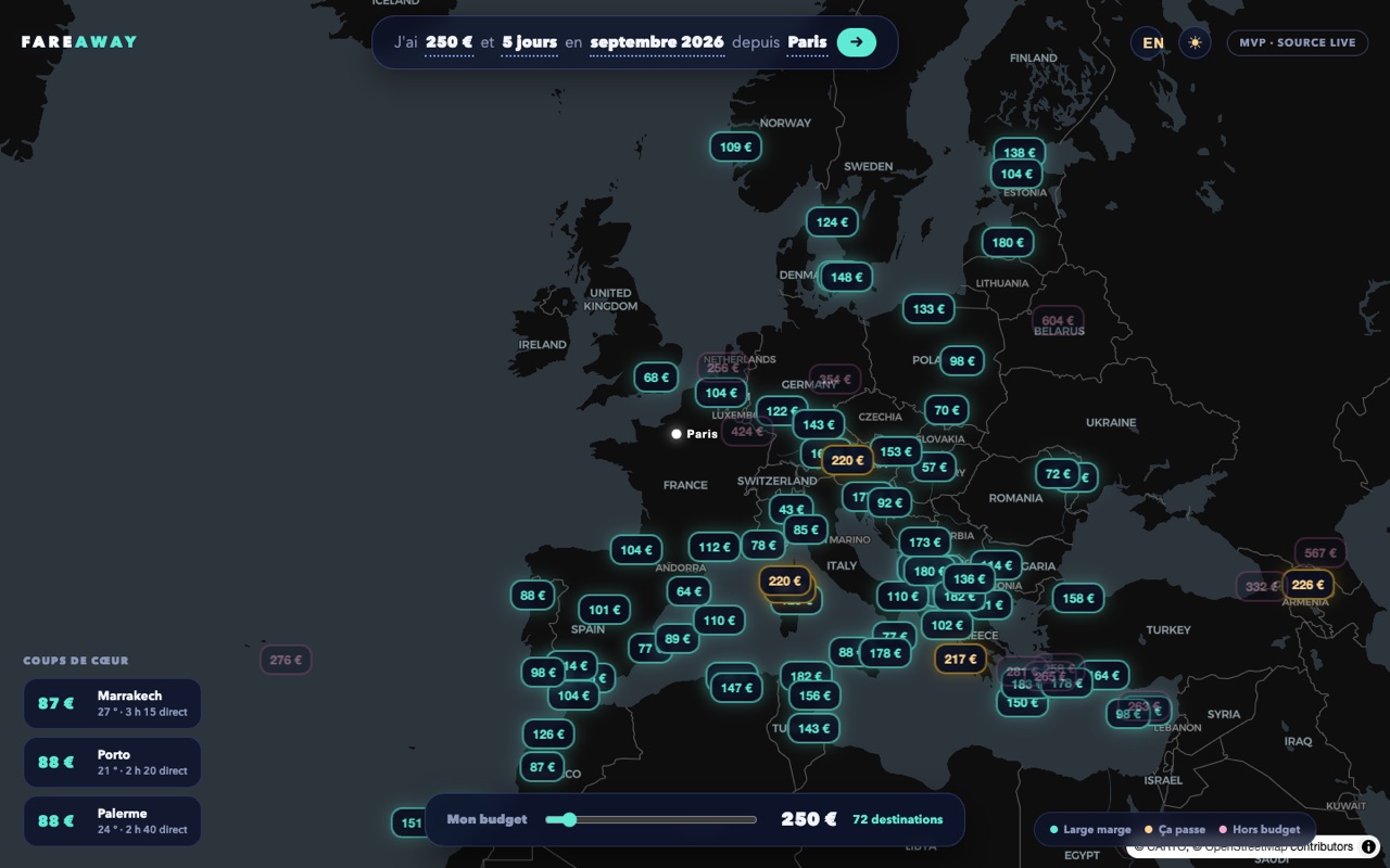 La carte Fareaway : vrais prix depuis Paris illuminés sur l'Europe